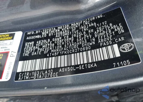 2012 Toyota Camry Xle из США, поврежденный, VIN 4T4BF1FK0CR270690